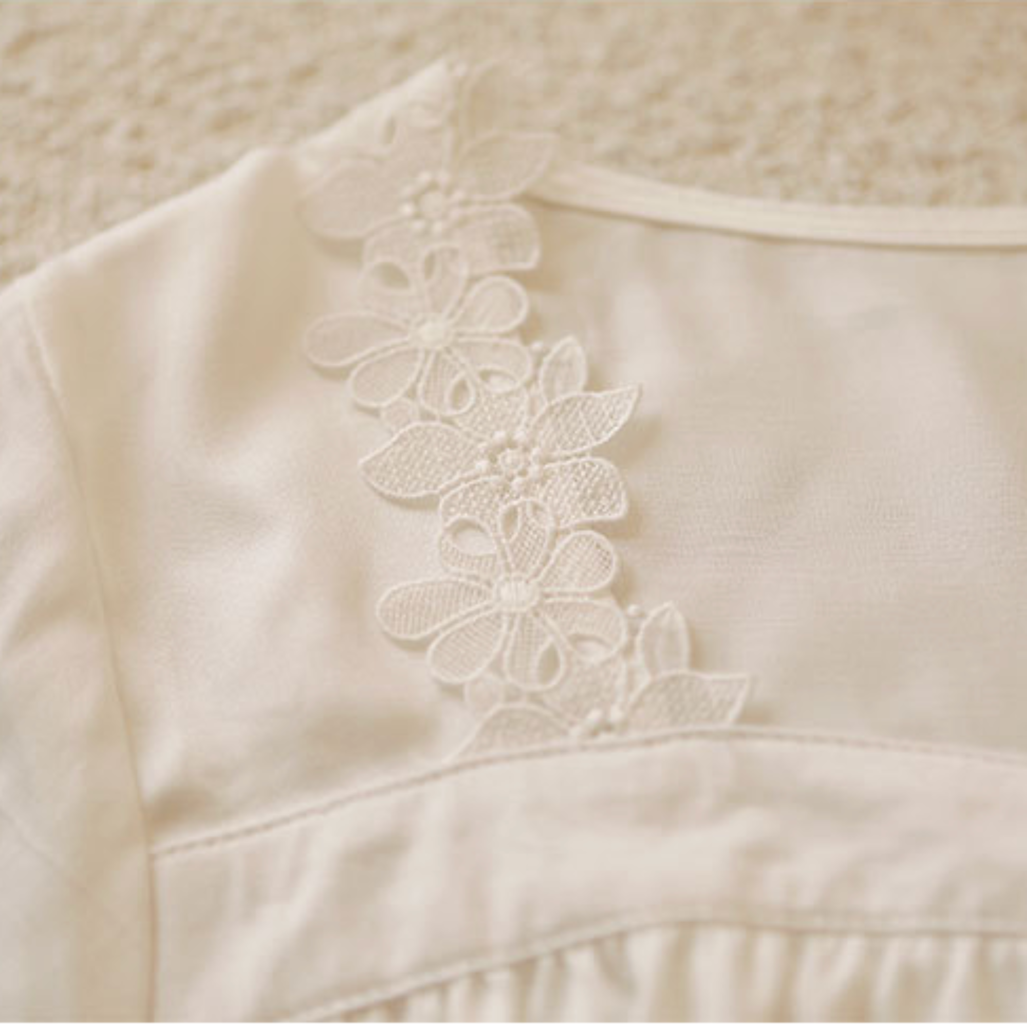 Close-up of the floral lace trim on the white viscose nightdress