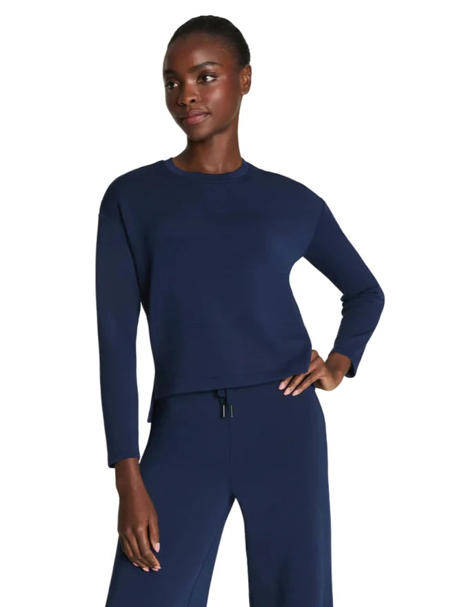 Spanx AirEssentials long sleeve top and wide leg pant in navy, shop Spanx AirEssentials at Ella Where She Shops