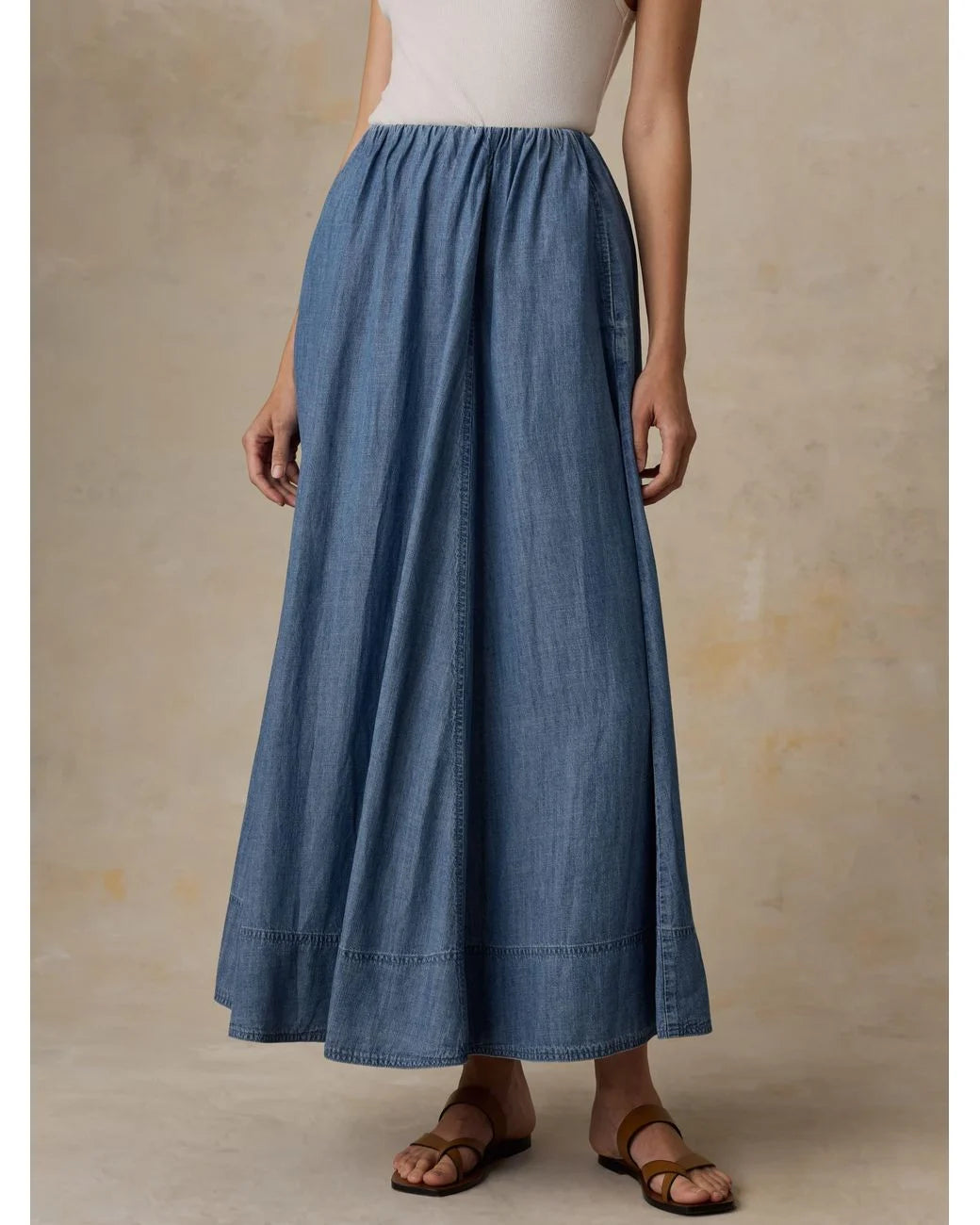 Faherty Brand Tried & True Chambray Nera Skirt front view — full maxi silhouette with elastic waist and pintuck hem in River Mist 