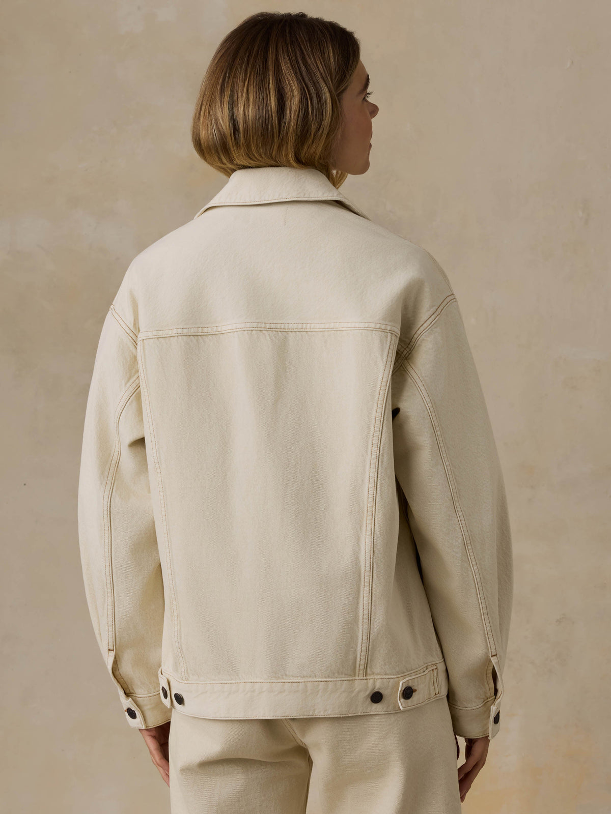 Faherty Driftwood Denim Jacket in Almond Milk, back view
