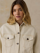 Faherty Driftwood Denim Jacket in Almond Milk, close-up detail