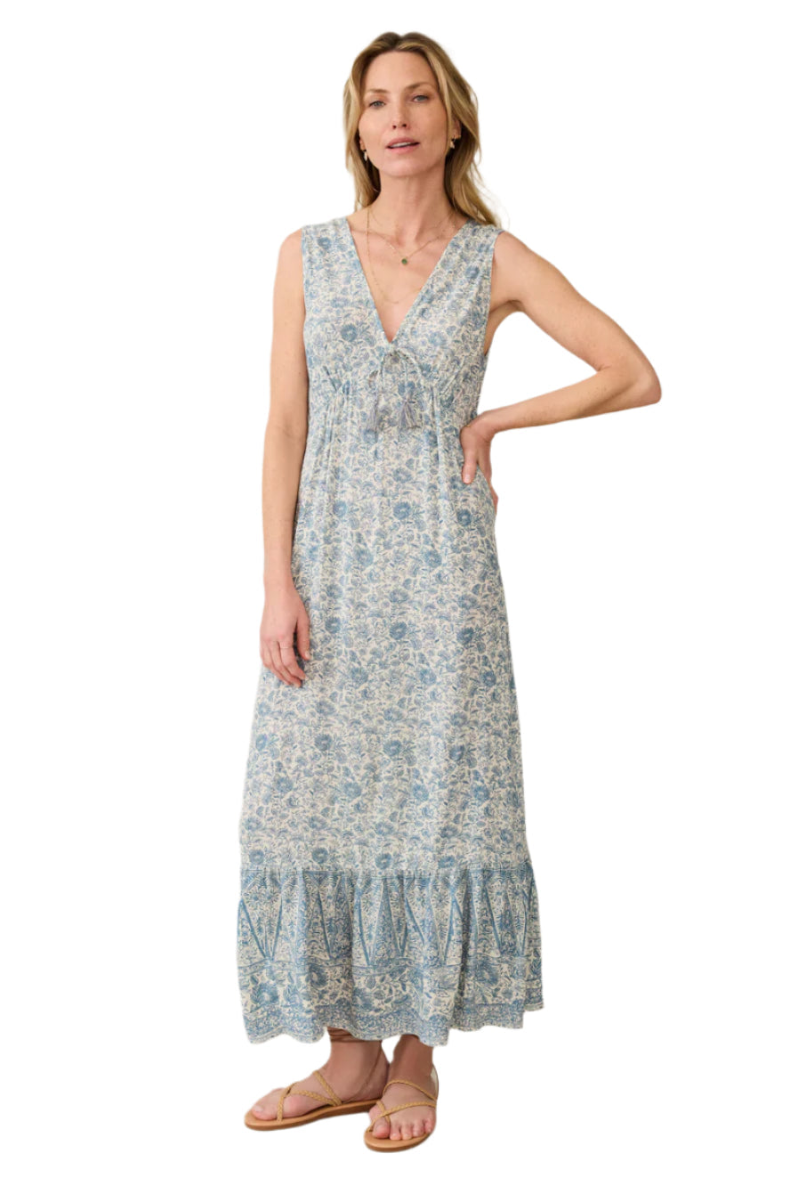 Faherty Eden Dress in blue floral print on ivory, sleeveless V-neck tiered maxi, front view
