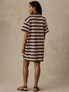 Faherty Recycled Cotton Knit Polo Dress in espresso brown and cream stripe, short-sleeve shift dress, back view