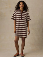 Faherty Recycled Cotton Knit Polo Dress in espresso brown and cream stripe, short-sleeve polo-collar shift dress, front view