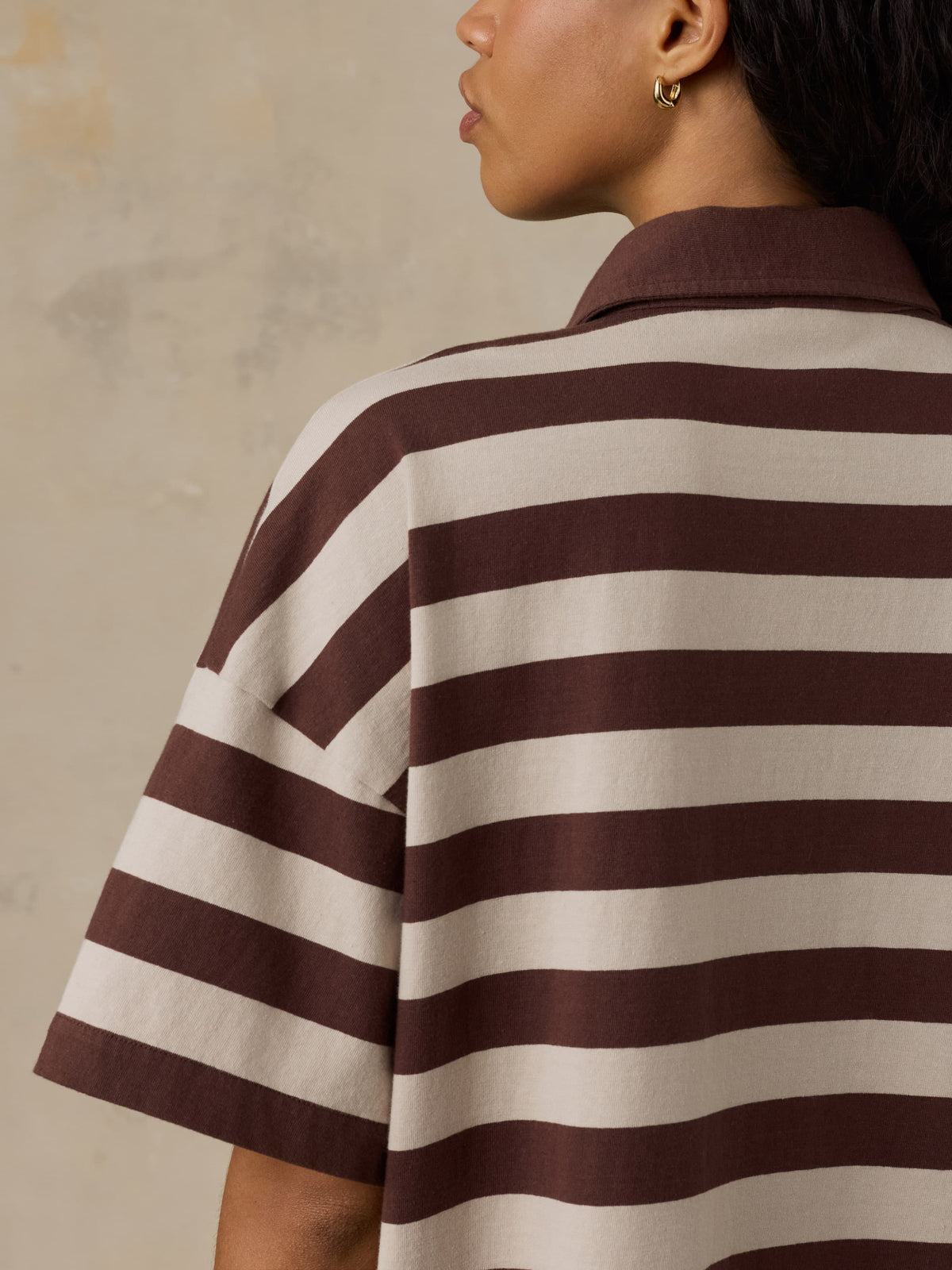 Faherty Recycled Cotton Knit Polo Dress in Espresso Stripe, close-up detail