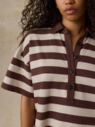 Faherty Recycled Cotton Knit Polo Dress in Espresso Stripe, close-up detail