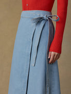 Faherty Solstice Denim Wrap Skirt in Bay Drift Wash, close-up detail