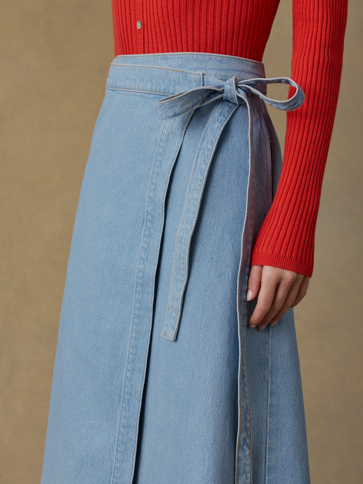 Faherty Solstice Denim Wrap Skirt in Bay Drift Wash, close-up detail