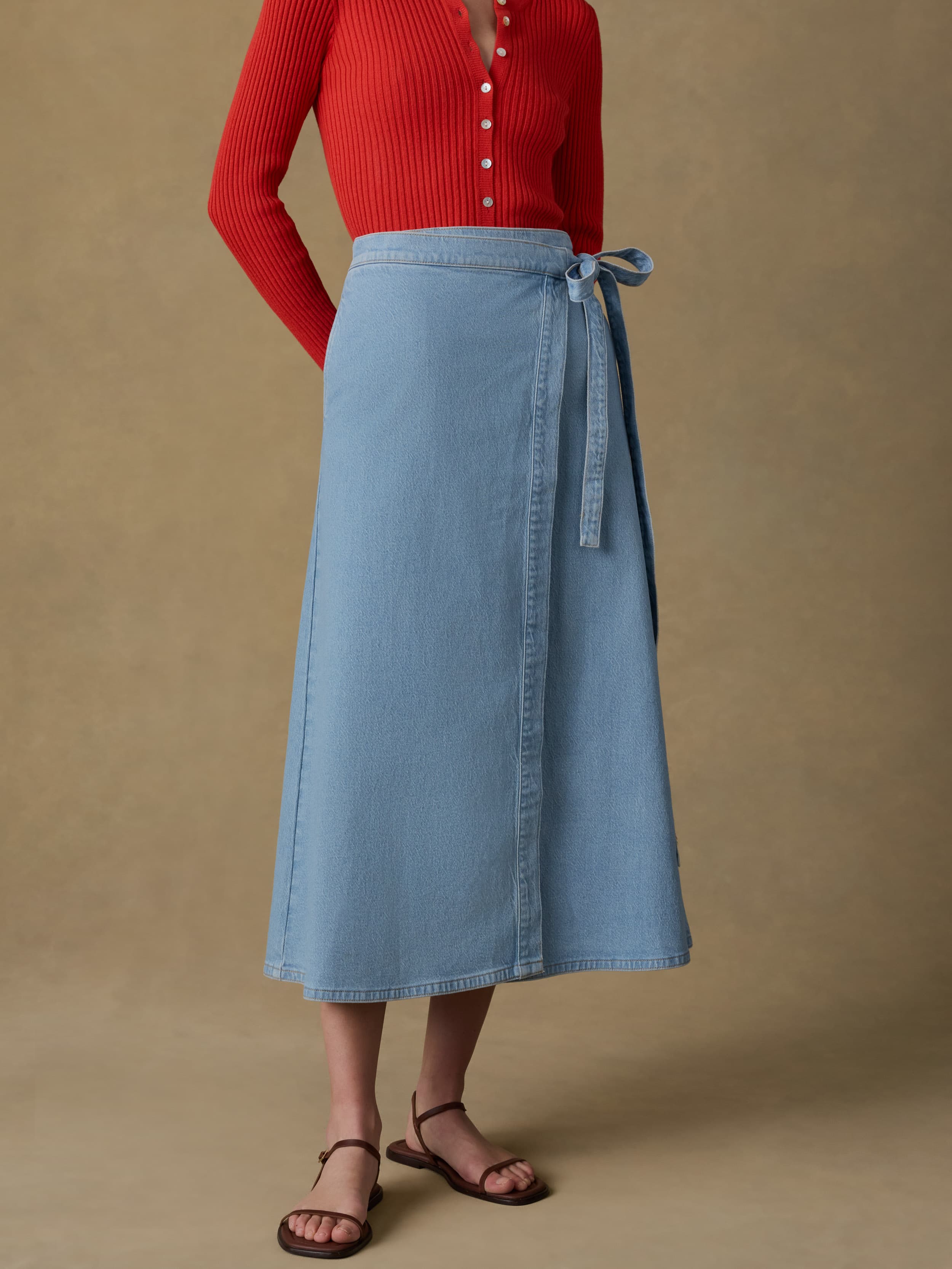 Faherty Solstice Denim Wrap Skirt in Bay Drift Wash, front view