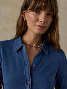 Faherty Sunwashed Knit Shirt in Medium Indigo Wash, close-up detail