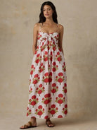 Faherty Voile Alexi Dress in Bloom Poem white with red and green floral print, spaghetti-strap tie-front A-line maxi, front view