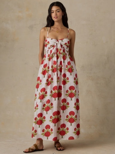 Faherty Voile Alexi Dress in Bloom Poem white with red and green floral print, spaghetti-strap tie-front A-line maxi, front view