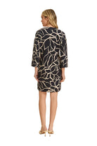 FDJ Long Sleeve Print Shift Dress in black with cream leaf print, 3/4 sleeves, relaxed shift silhouette, back view