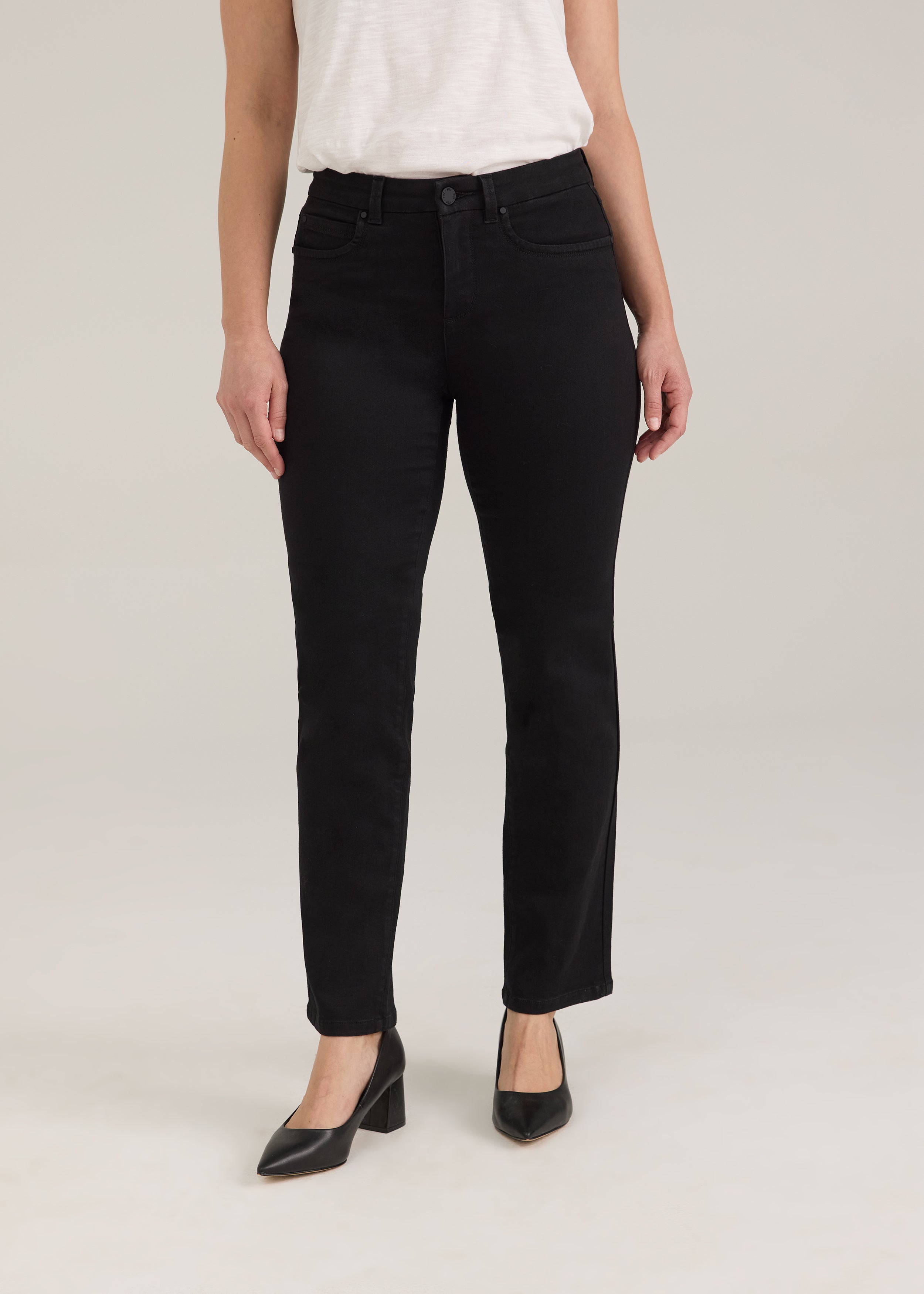 FDJ Petite Olivia Straight Leg Jeans in black, front view showing mid-rise and straight leg with black heels