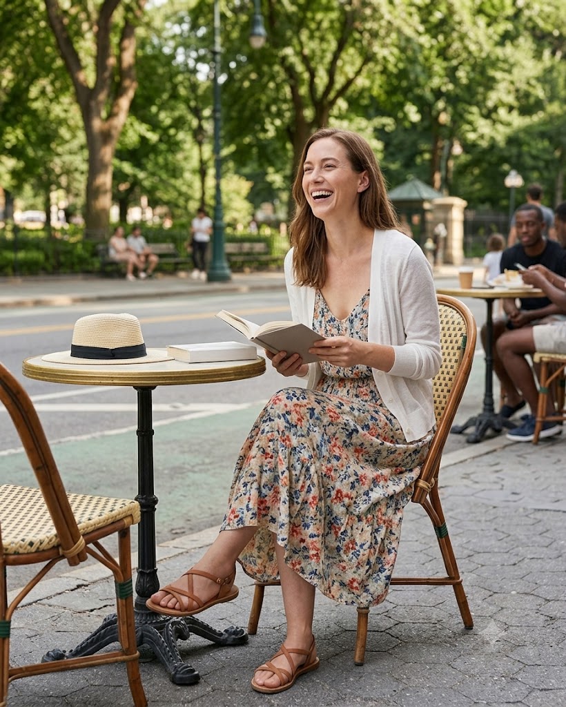 A woman sitting at an outdoor cafe table in a park, wearing a floral midi dress and a white cardigan. She is holding an open book and smiling.