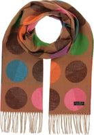 Fraas Divided Dots oversized scarf, large multicolor dots on tan with beige fringe