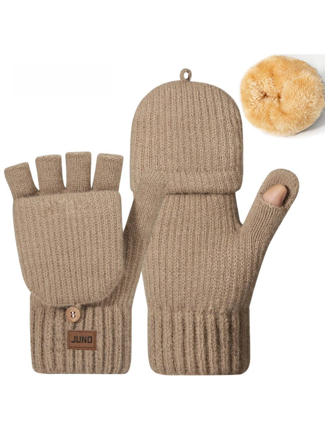 Brown knit convertible mitten gloves with flap closed