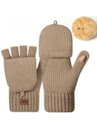 Brown knit convertible mitten gloves with flap closed
