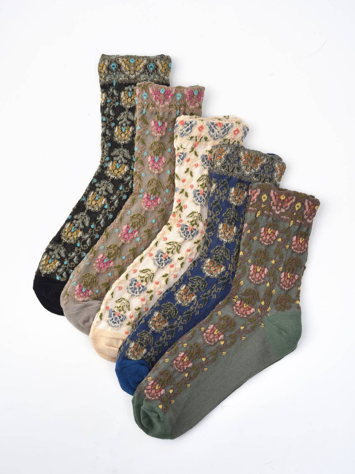 Embossed vintage floral socks in assorted colors