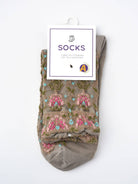 Khaki embossed vintage floral mid-calf sock