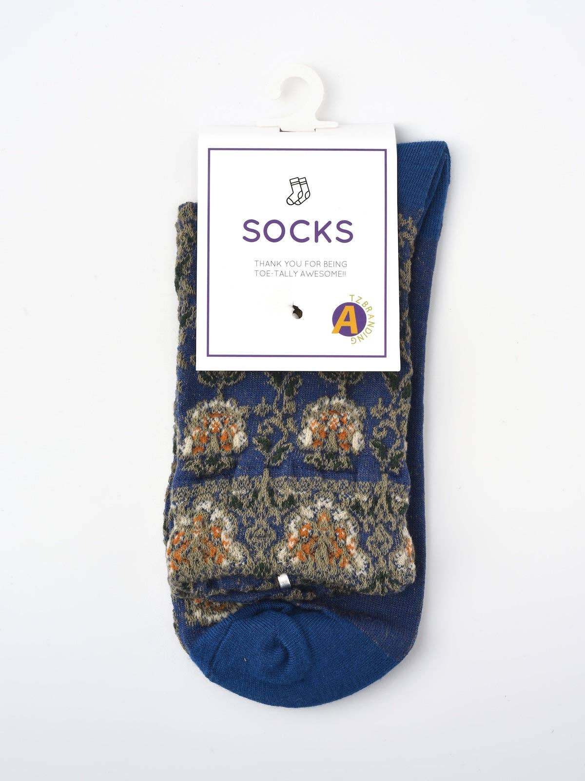 Navy embossed vintage floral mid-calf sock