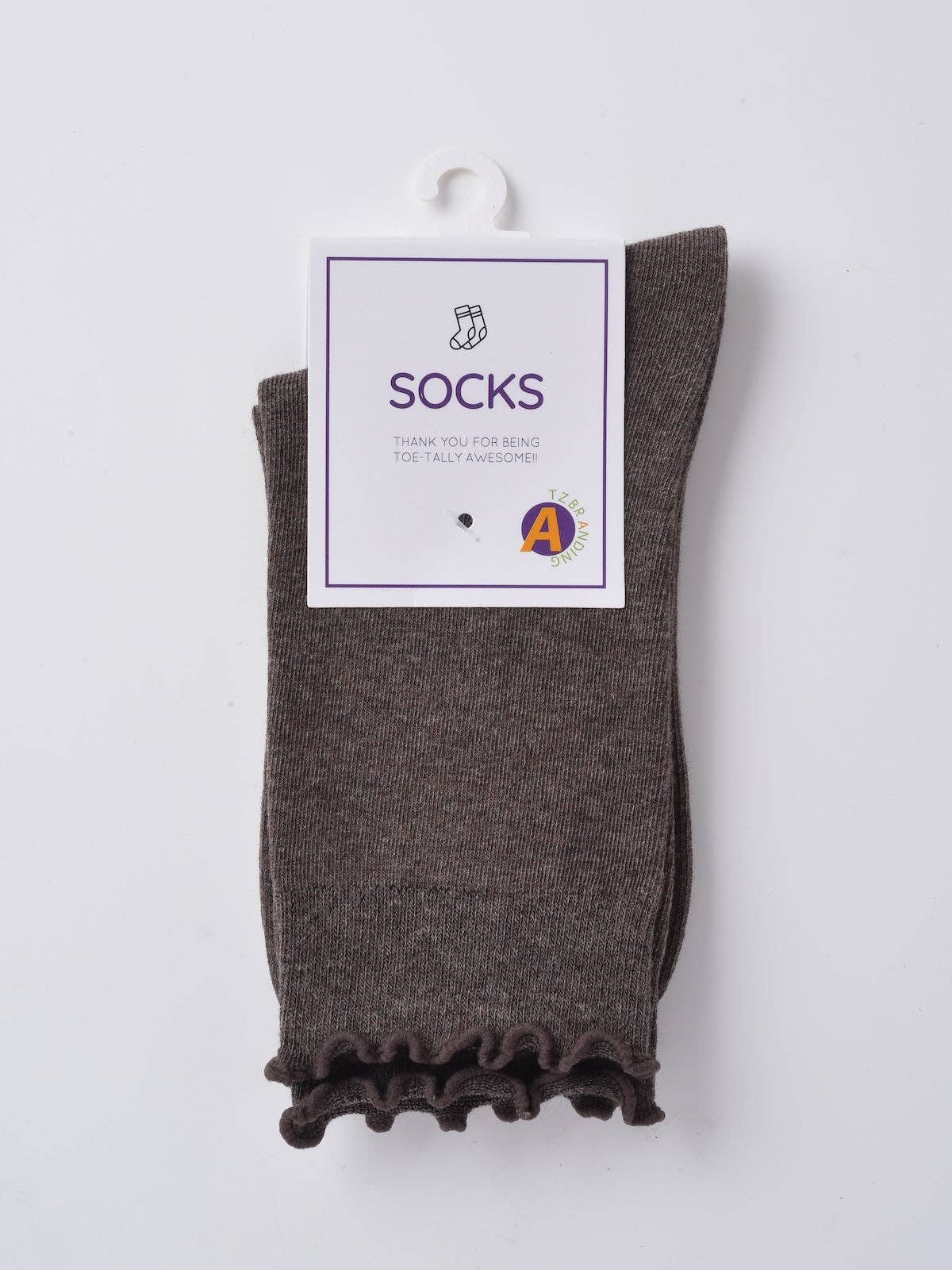 Coffee brown ribbed crew sock with lettuce edge