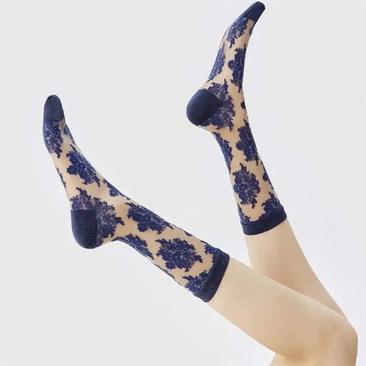 Flocked floral sheer crew socks, alternate view