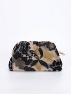 Black floral sequin evening clutch with gathered frame