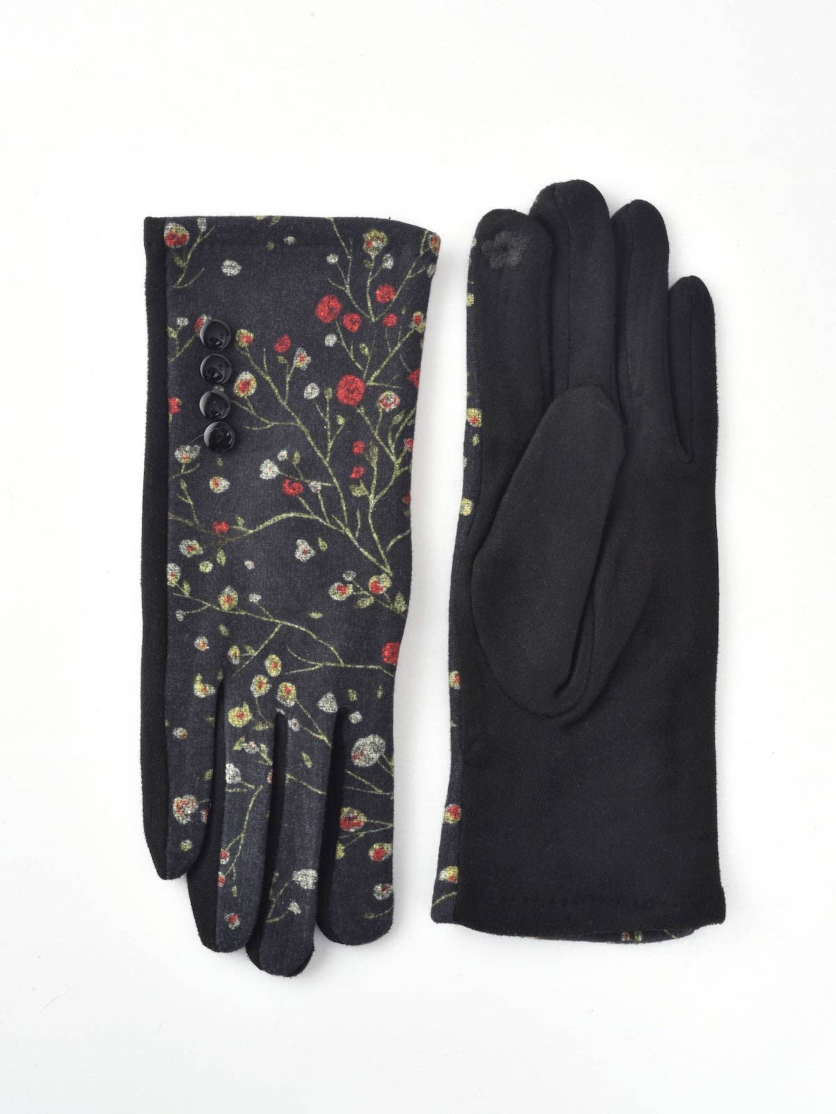 Black floral print touchscreen gloves