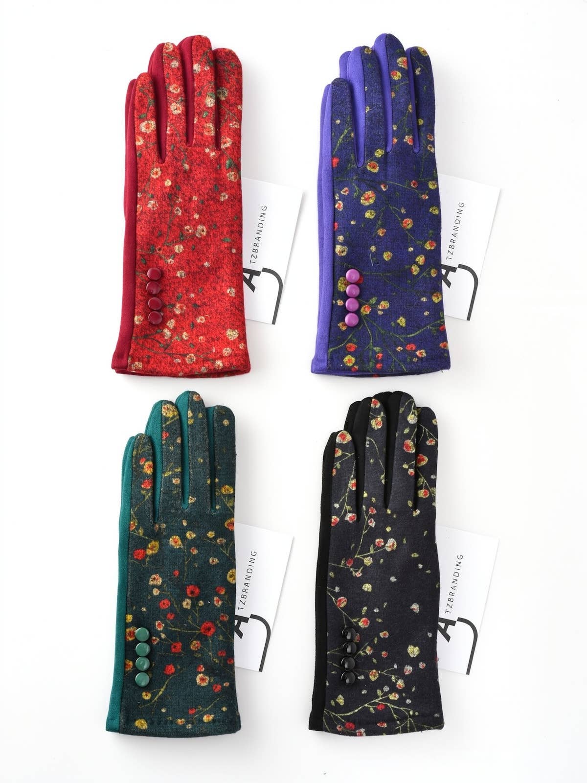 Floral print touchscreen gloves in red, purple, green, and black