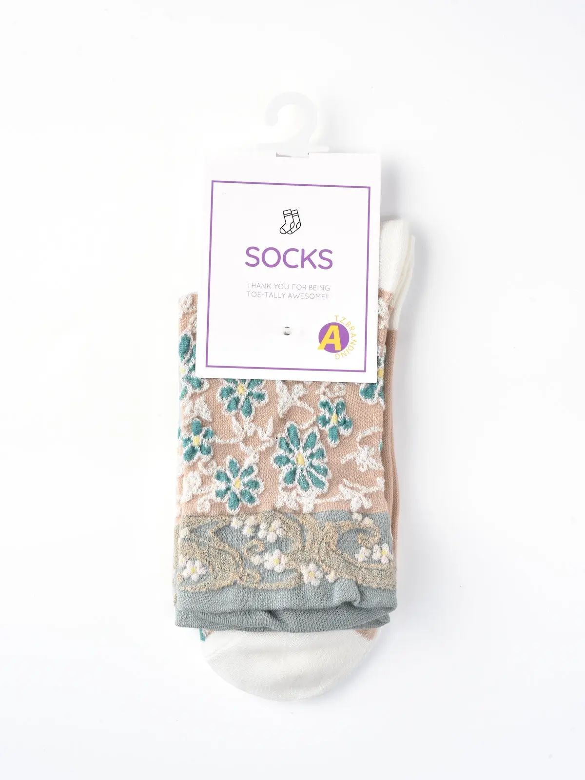 Beige garden bloom crew socks, product photo
