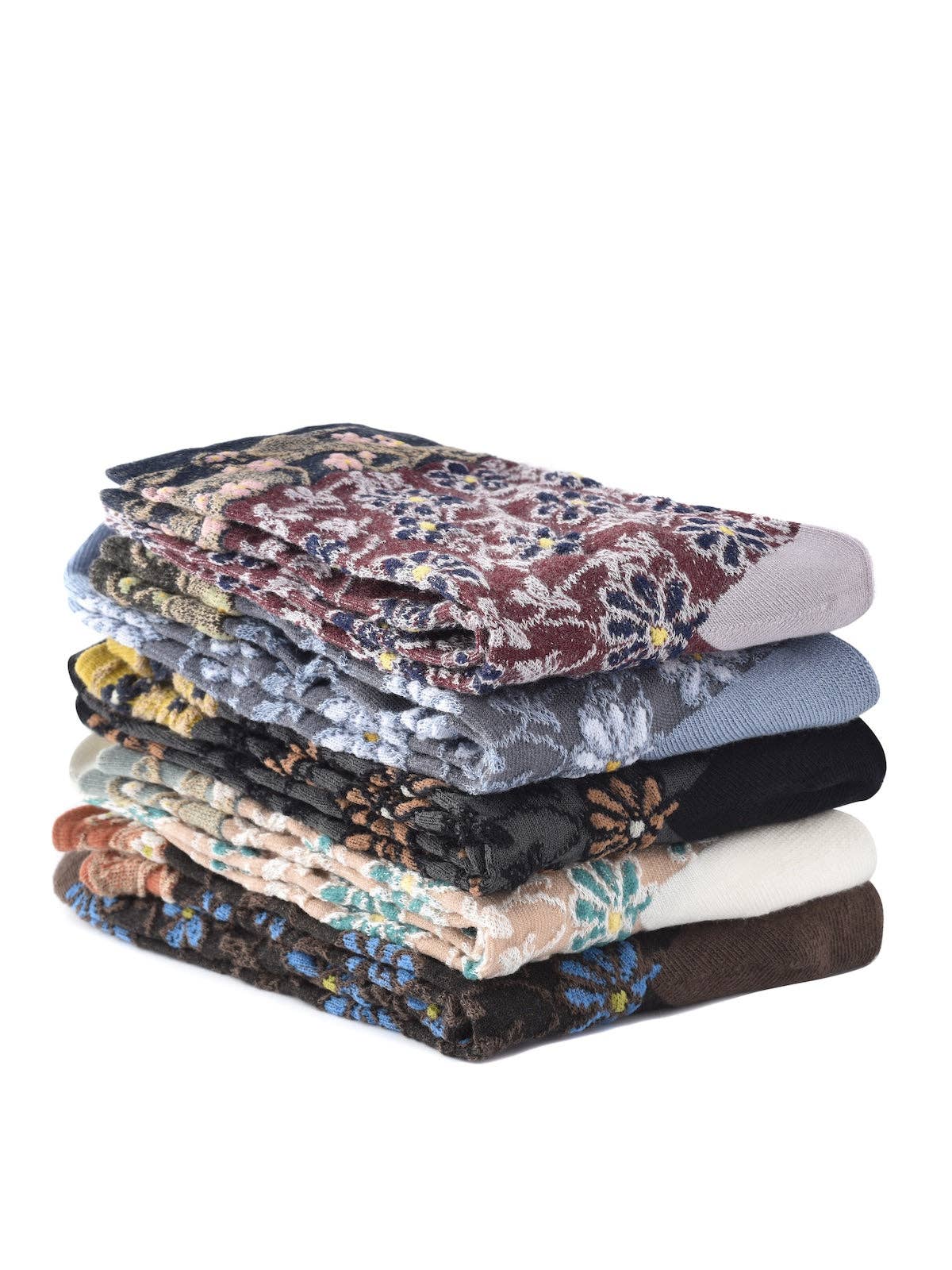Stack of garden bloom floral crew socks