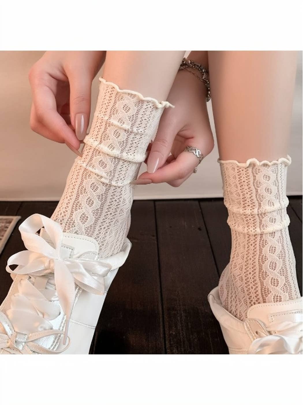 Beige openwork lace crew socks with ruffle cuff