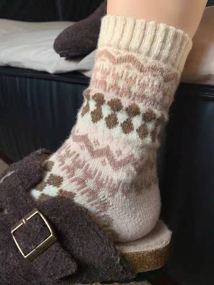 Cream Nordic patchwork knit socks with boots