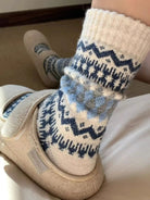 Blue Nordic patchwork knit crew socks, product photo