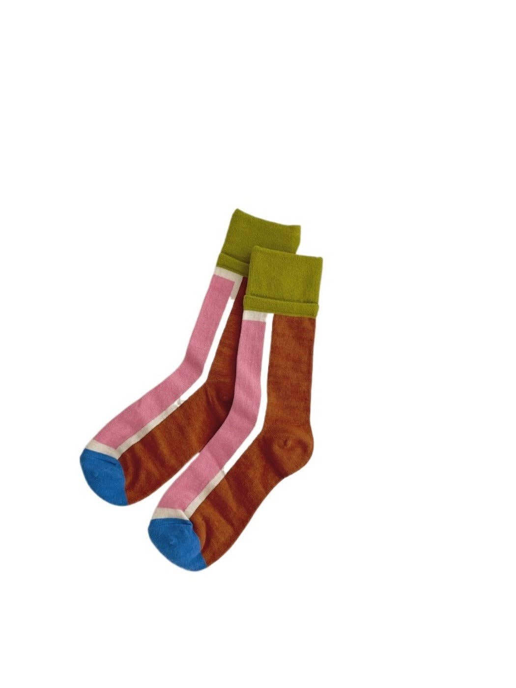 Pink color block patchwork stripe mid-calf sock