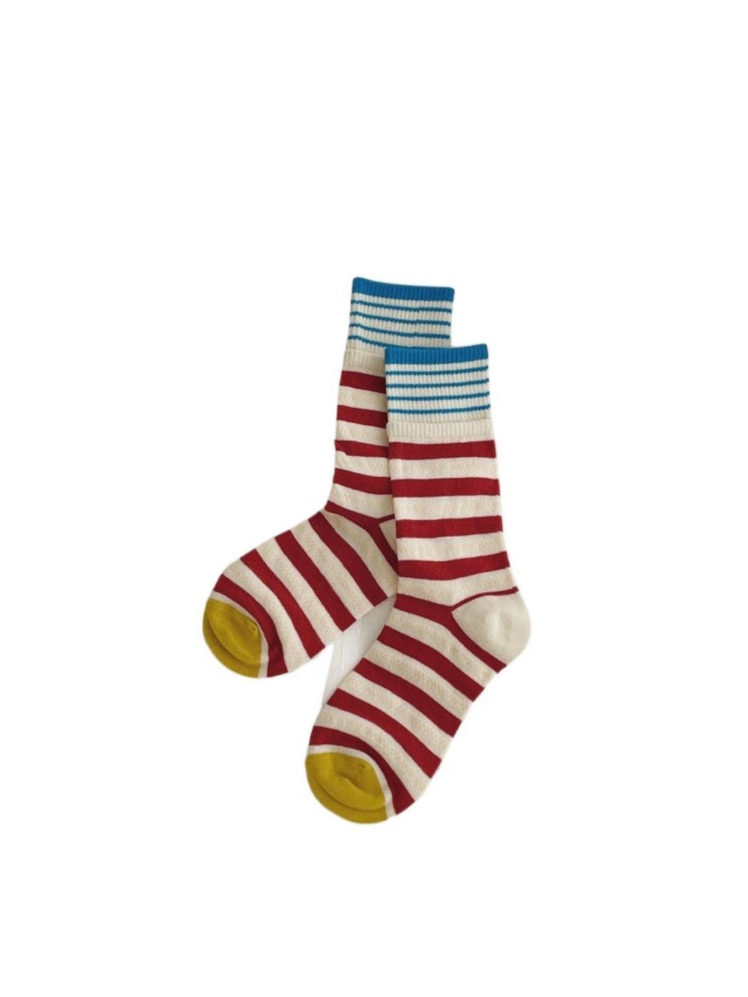 Red stripe patchwork mid-calf sock