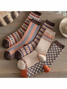 Plaid and patterned winter crew socks in brown and orange