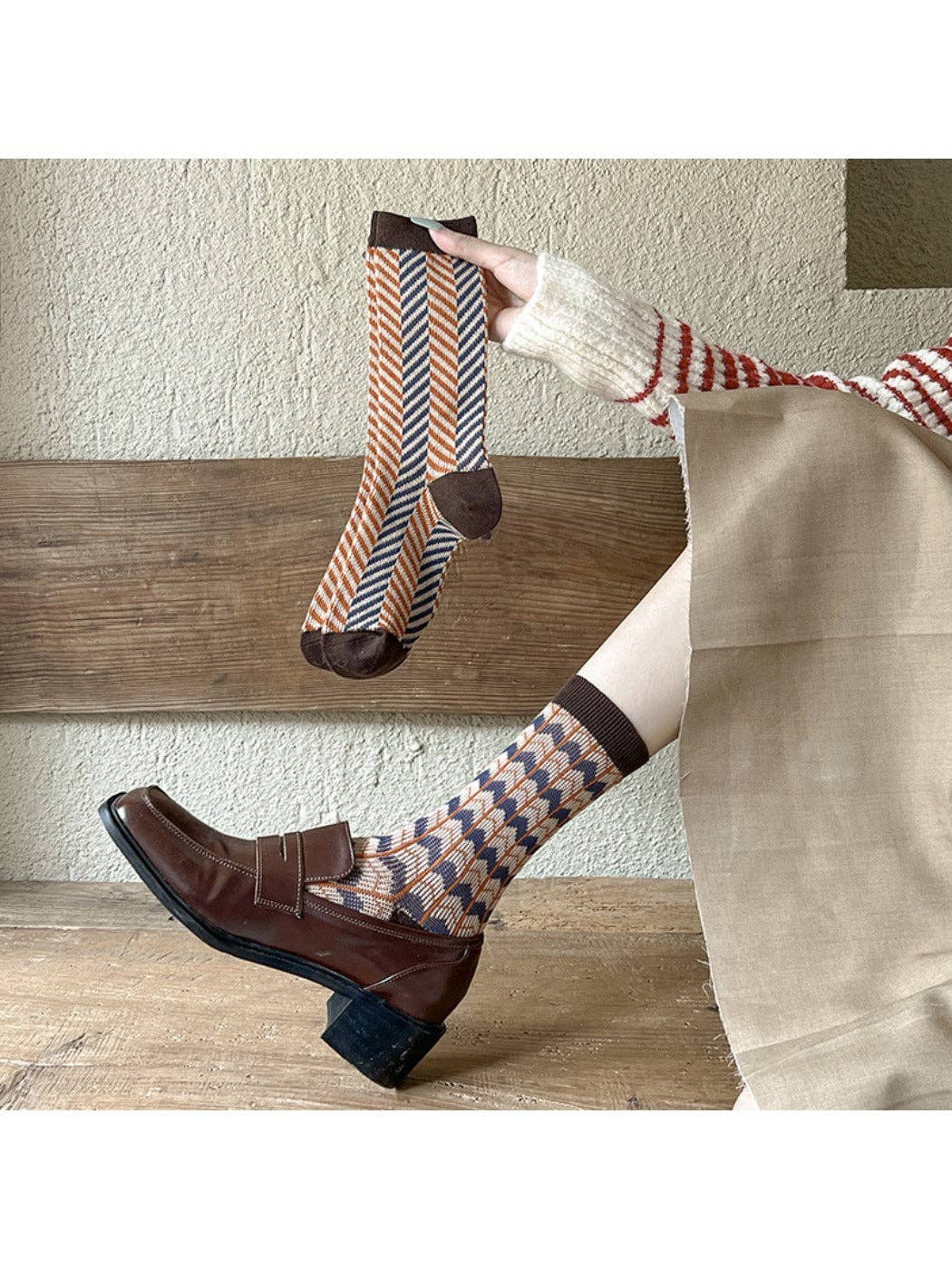 Plaid winter socks styled with brown loafers