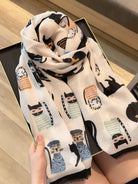 Cream cat print scarf draped and knotted