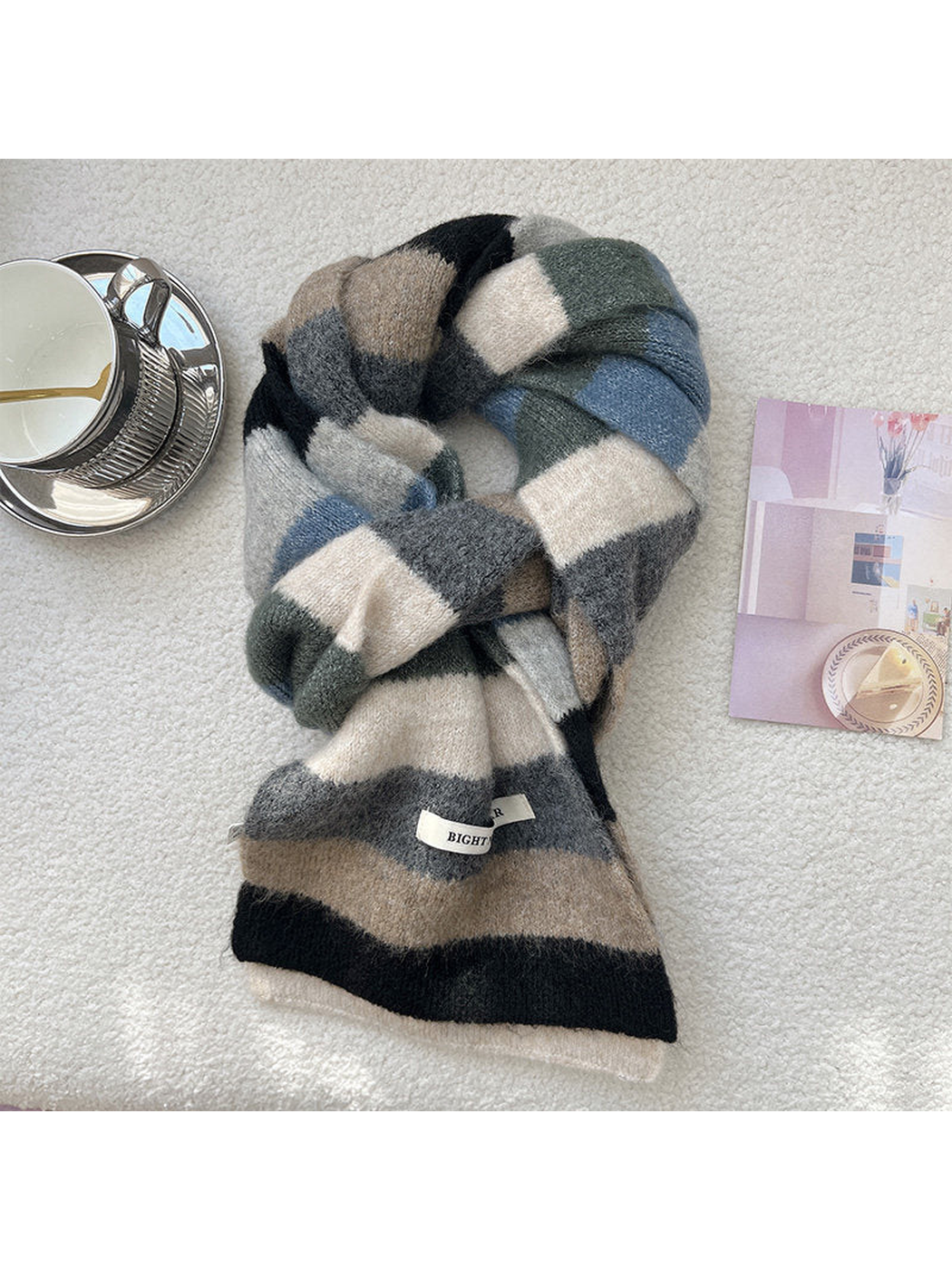 Grey striped fuzzy long scarf