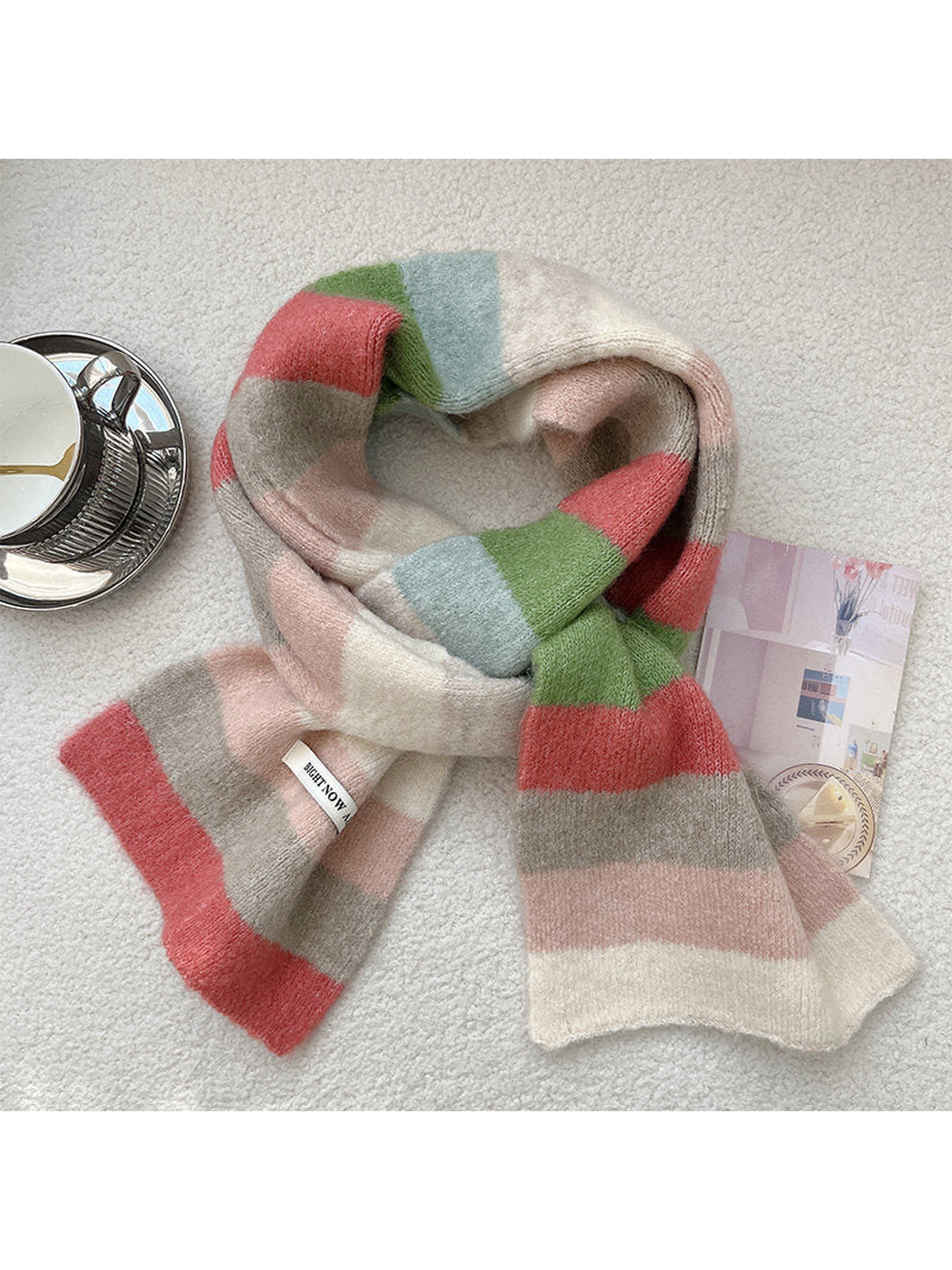 Pink striped fuzzy long scarf