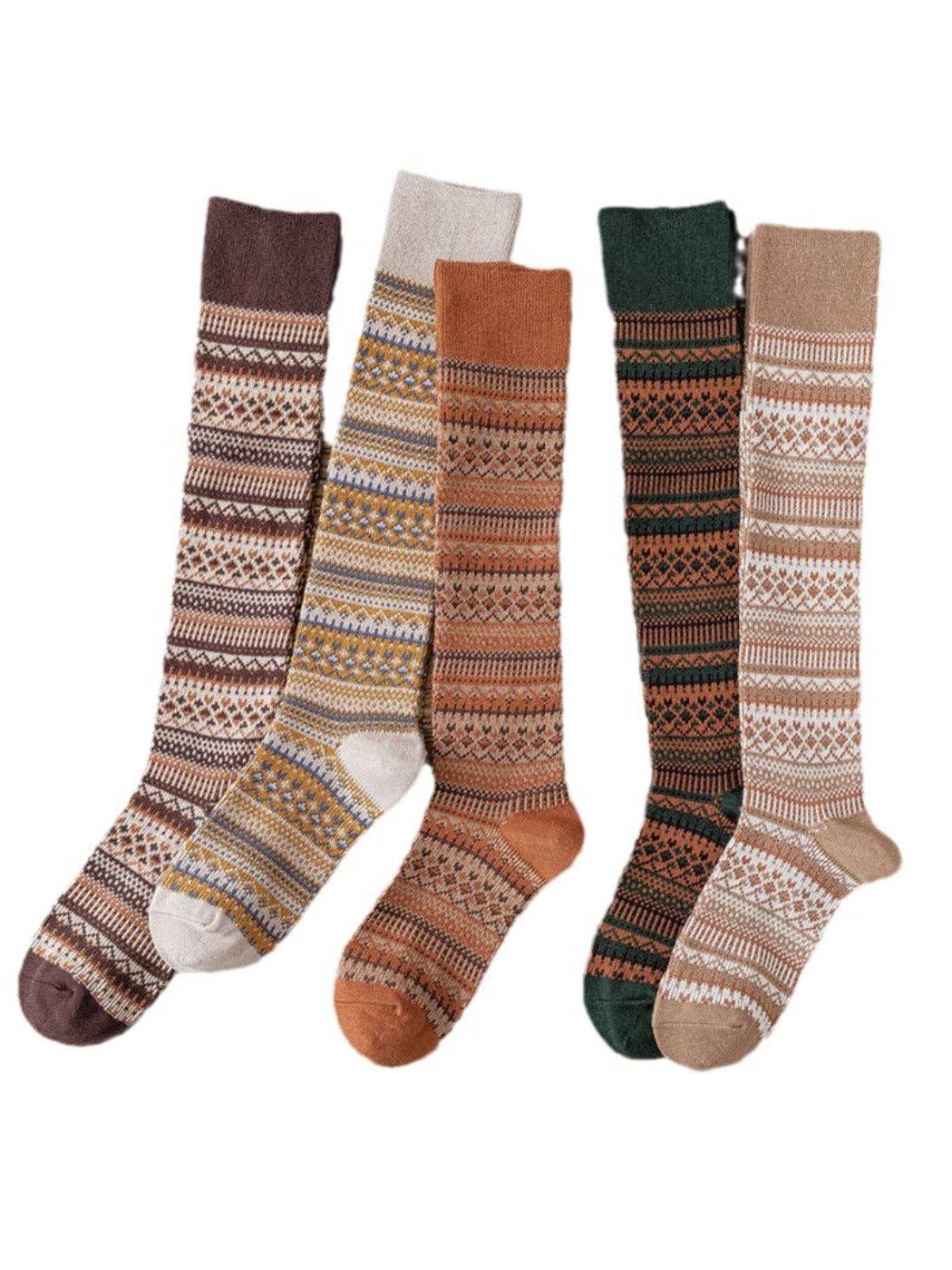 Vintage striped knee-high socks in beige, green, and brown