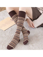Vintage striped knee-high socks worn with a skirt