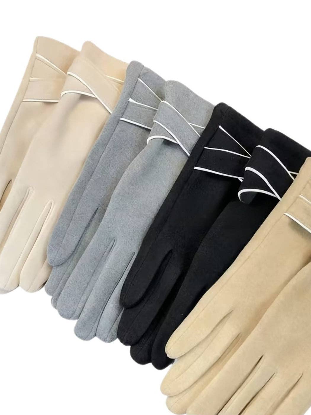 Warm touchscreen gloves in grey, black, and camel