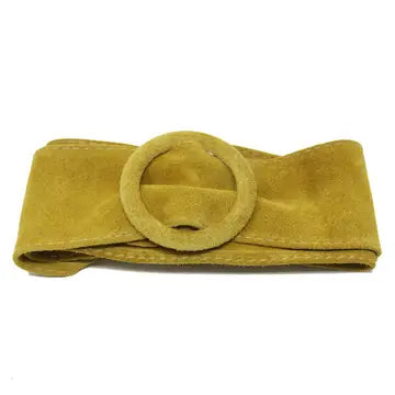 German Fuentes suede belt with circle buckle in honey mustard