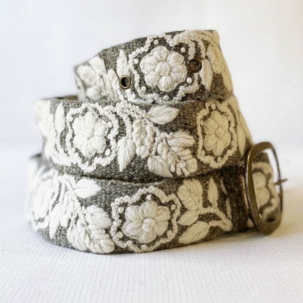 A woven belt with a gray and off-white floral pattern, coiled with a brass buckle on a light fabric background.