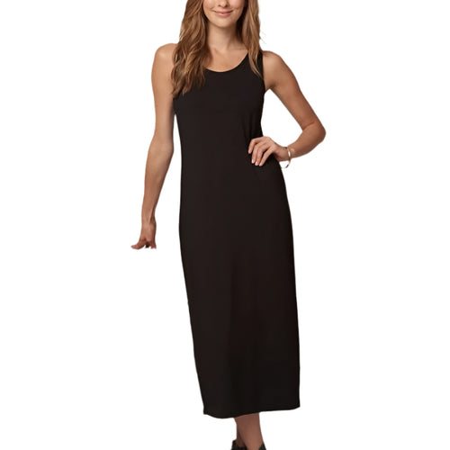 Habitat Core Travel Knit Everything Dress in black, sleeveless long midi tank dress silhouette, front view