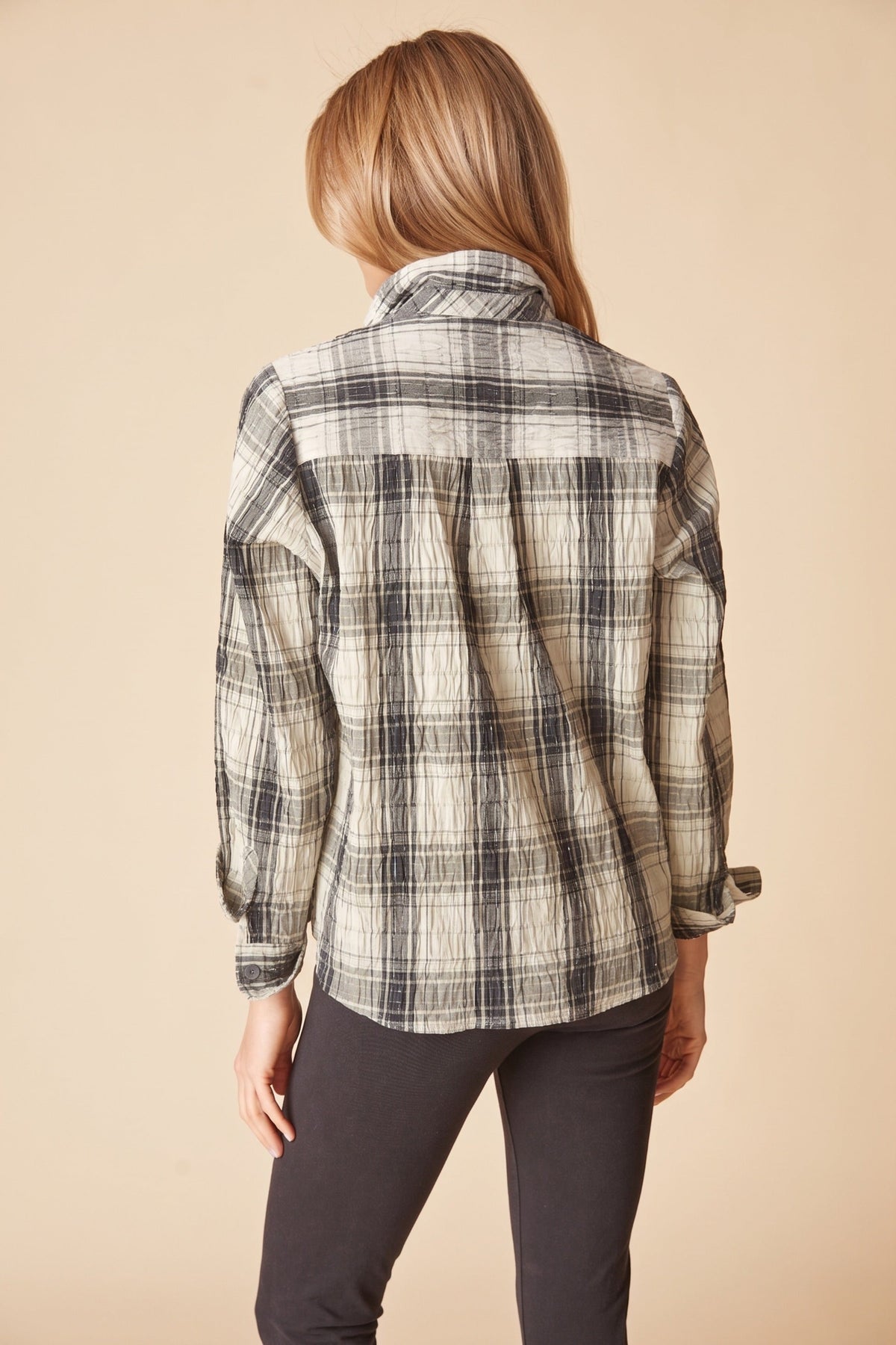 Back view of the Habitat Crinkle Windowpane Chill Pullover in winter white plaid with shoulder yoke