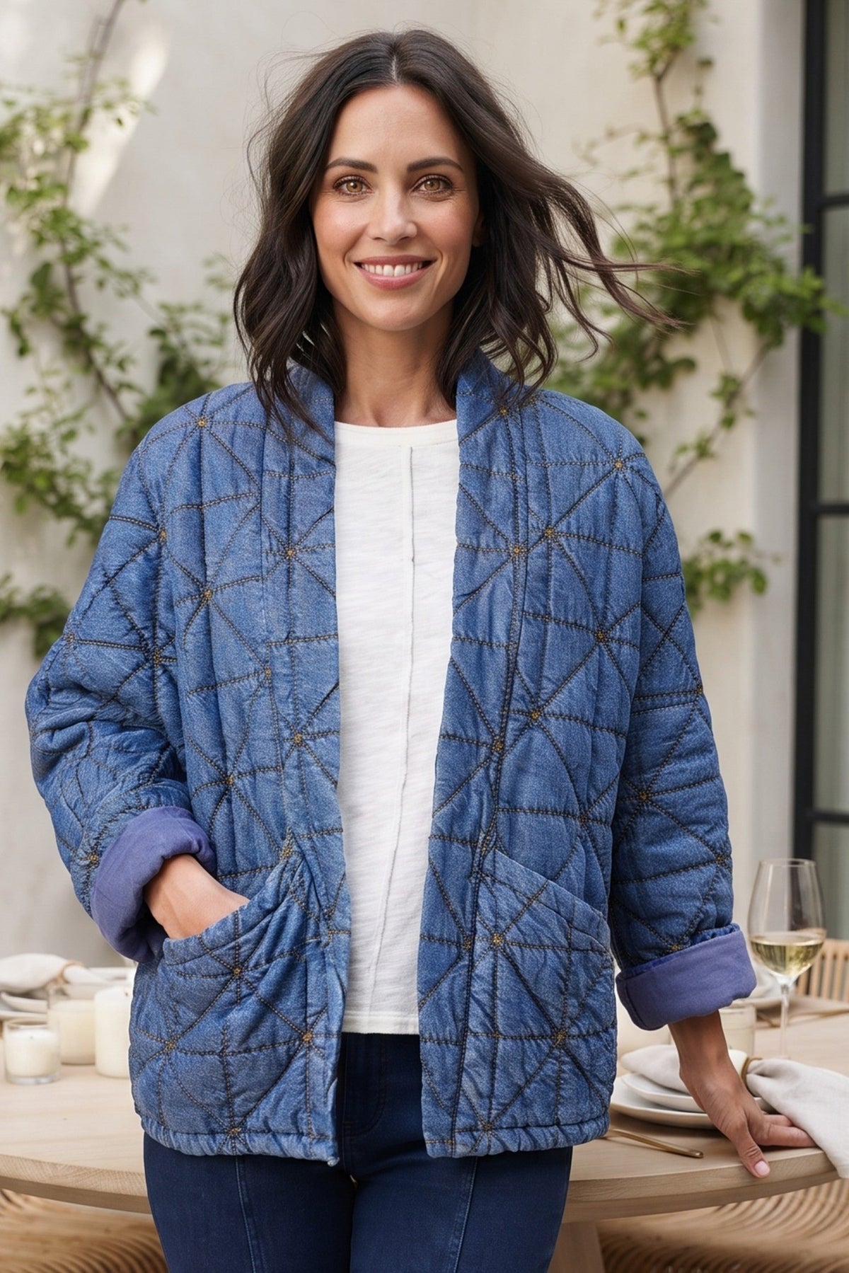 Woman wearing the Habitat Diamond Quilt Kimono Jacket in medium denim over a white top, styled outdoors